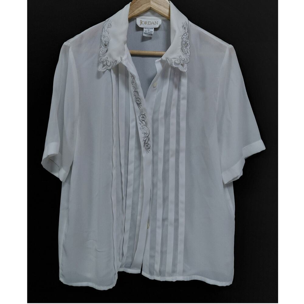 JORDAN White Embroidered Blouse Solid Short Sleeve Women Size 12